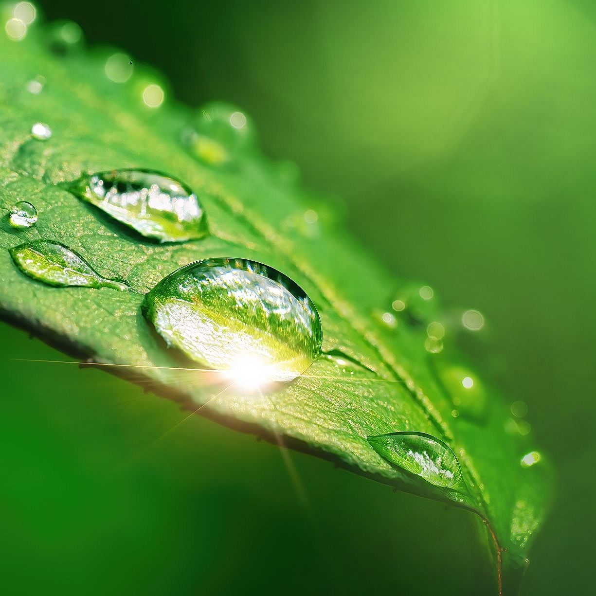 [Translate to Deutsch:] Droplets of water on a green leaf, symbolizing Rieter's sustainability strategy.
